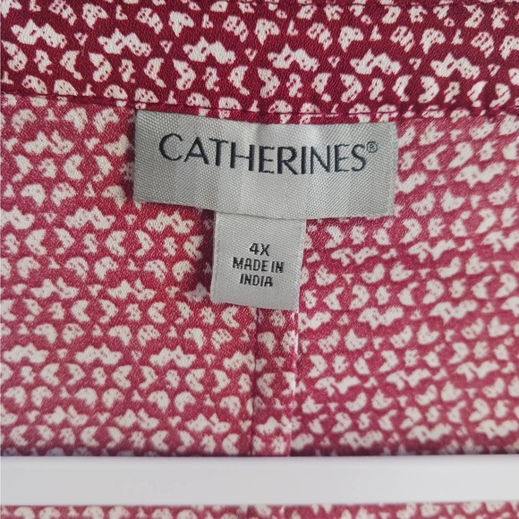 CATHERINES Button Up Blouse Womens 4X Red Geometric Georgette Tie 3/4 Sleeve - Picture 8 of 13
